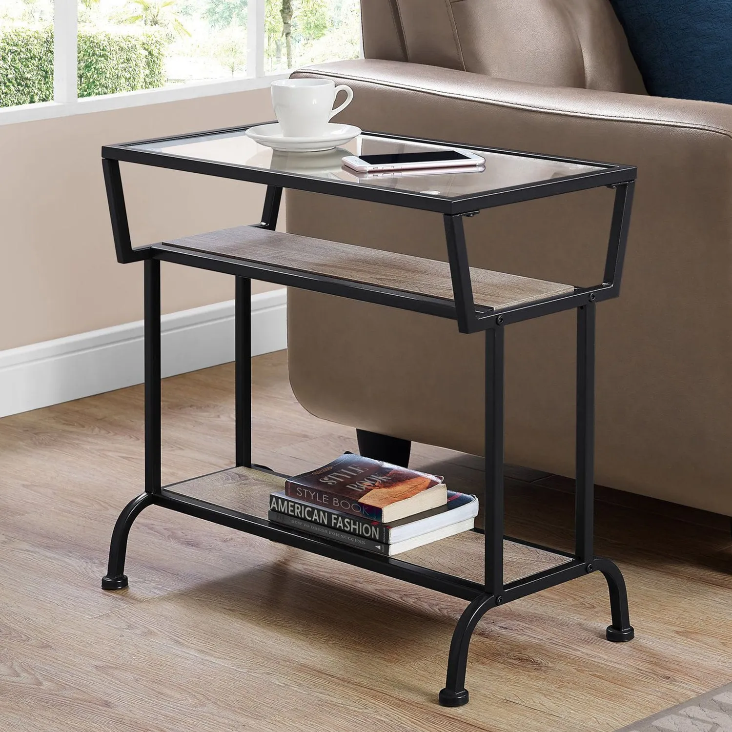 12" x 24" x 22" Dark Taupe with Black Coated Metal and Clea Tempered Glass Accent Table