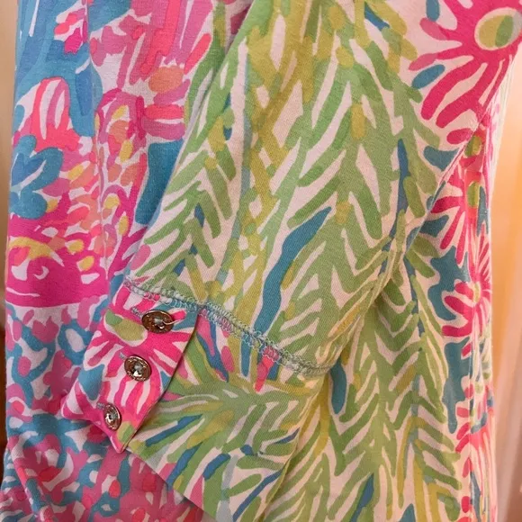 14- Lilly Pulitzer Women's Neon Tropical Palms Casual Dress Gold Button Detail
