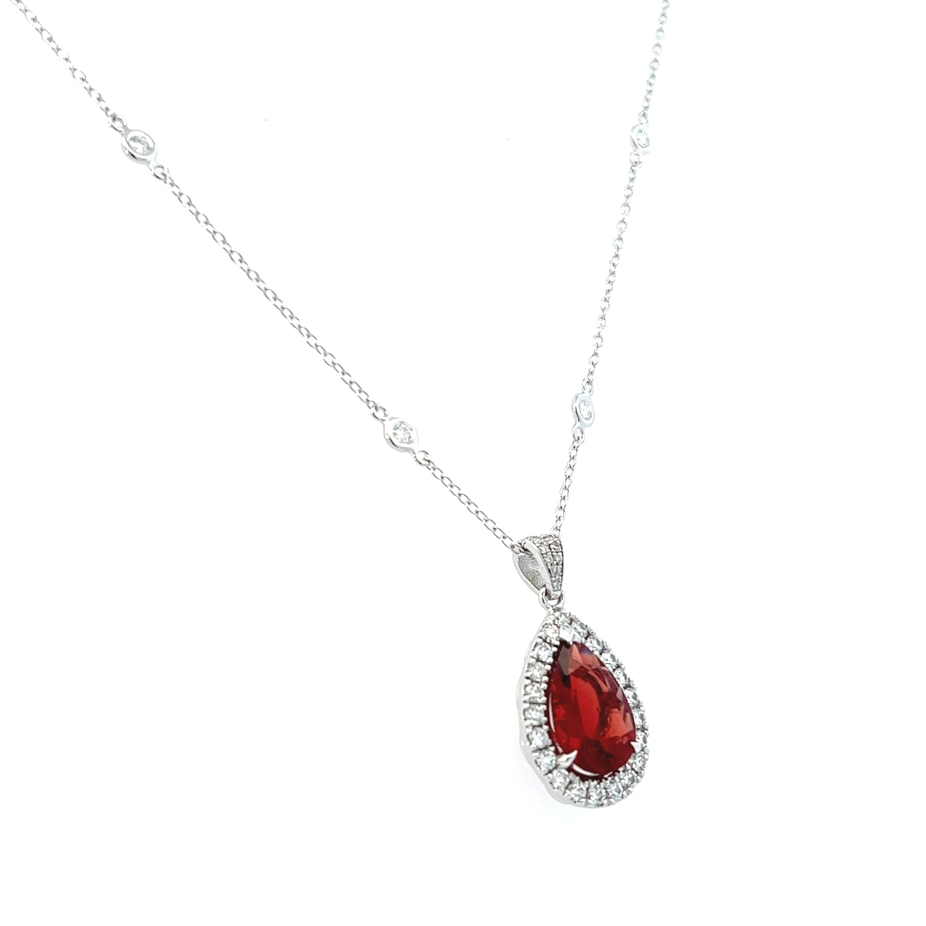 14K White Gold Pear Shape Scapolite And Diamond Halo Necklace (4.10ctw)
