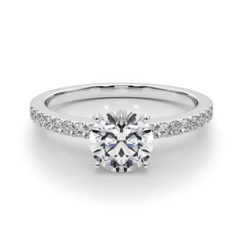 14K White Gold Round Brilliant Diamond Cathedral Engagement Ring With Pave Accent Diamonds