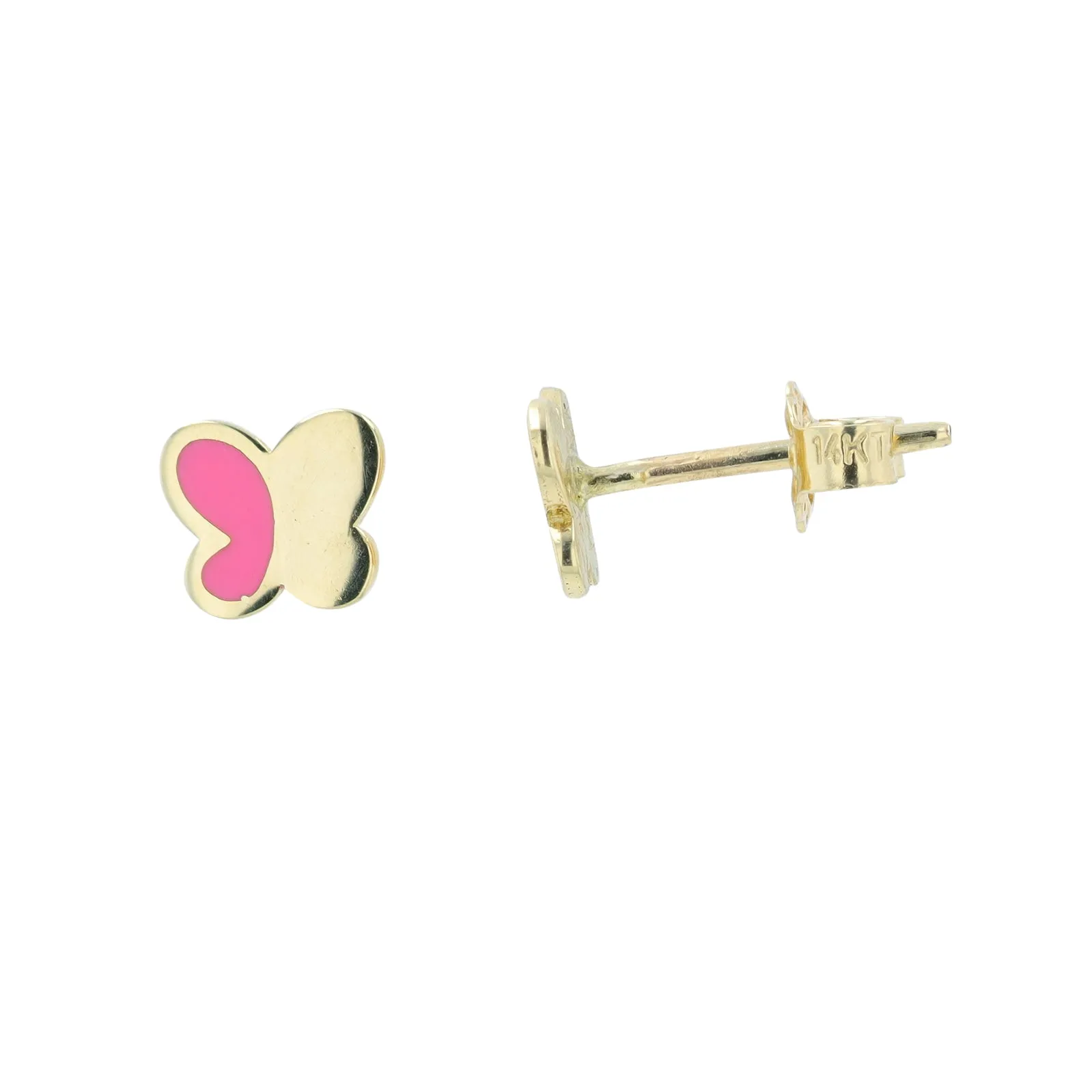 14K YG Pink Enamel Butterfly Studs