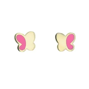 14K YG Pink Enamel Butterfly Studs