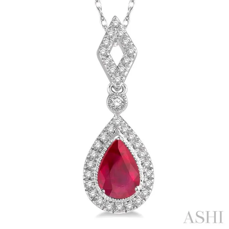 1/6 Ctw Pear Shape 6x4mm Ruby & Round Cut Diamond Precious Pendant With Chain in 10K White Gold