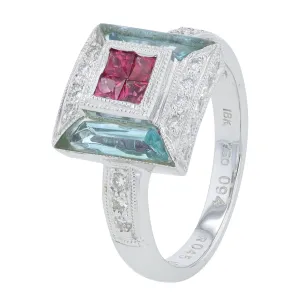 18K WG 0.94 CT Aquamarine & 0.45 CT Ruby Ring