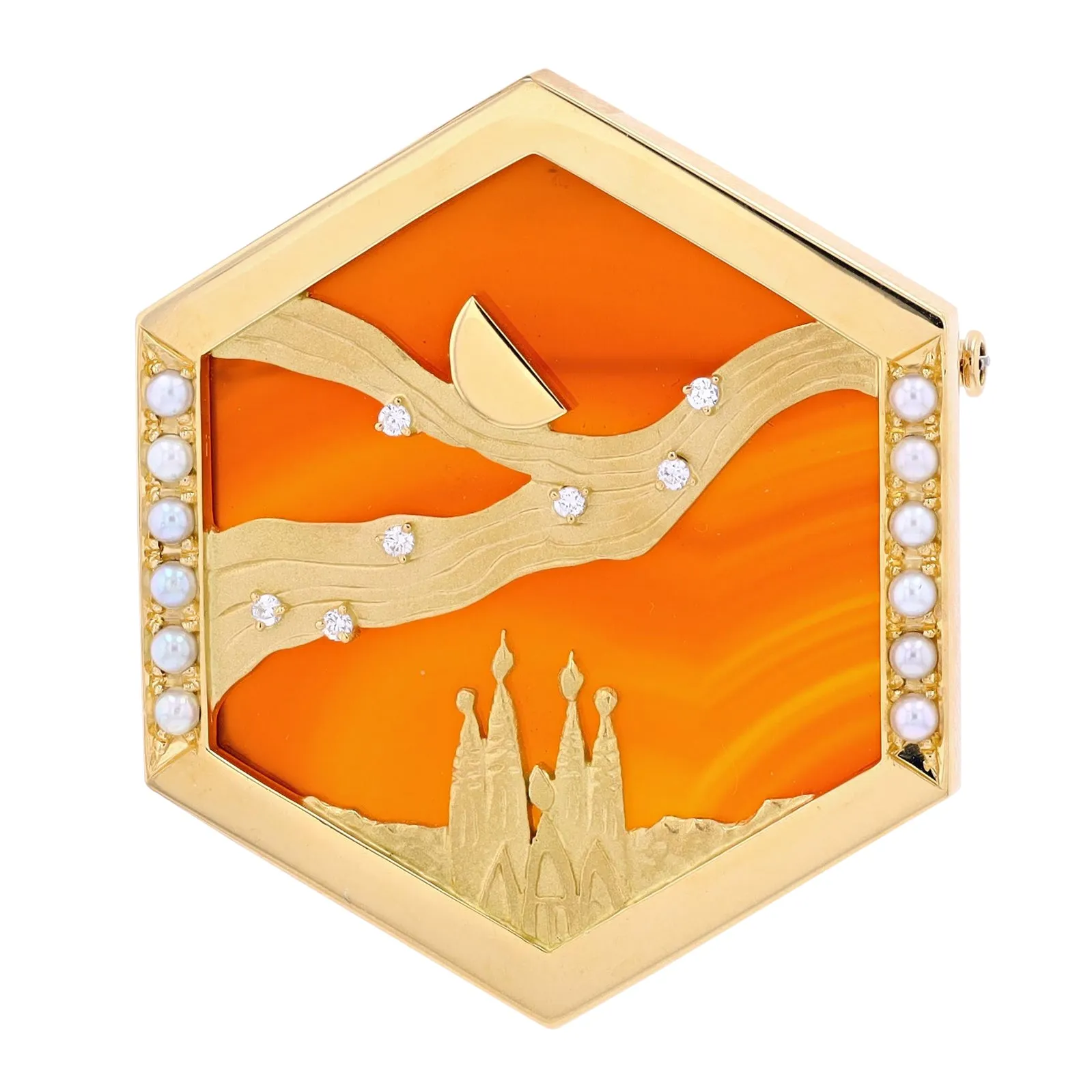 18K YG Agate City Scape Brooch