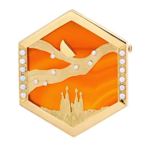 18K YG Agate City Scape Brooch