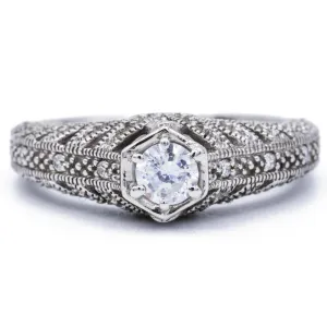 4mm Round Center 14K White Solid Gold Milgrain Design Ring