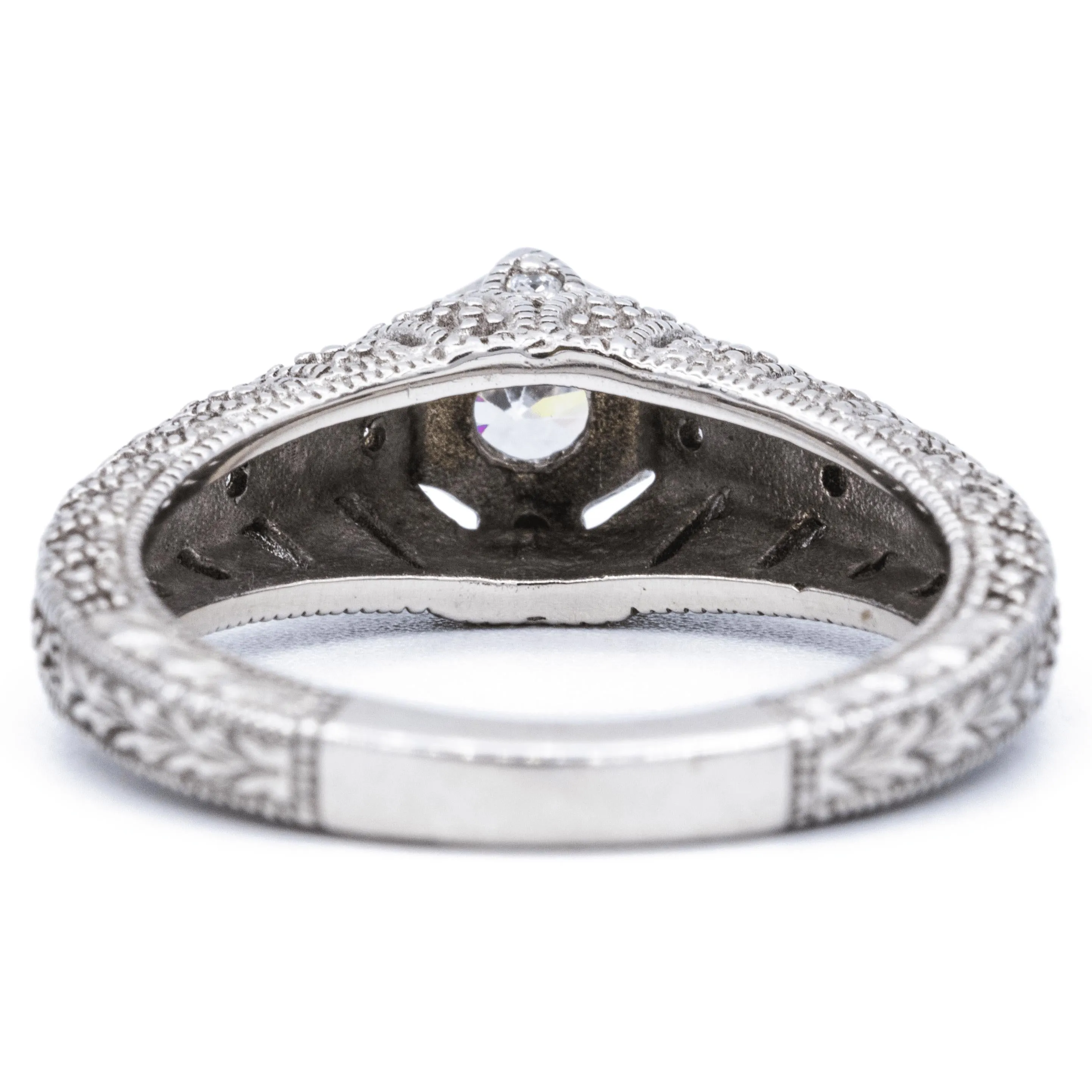 4mm Round Center 14K White Solid Gold Milgrain Design Ring