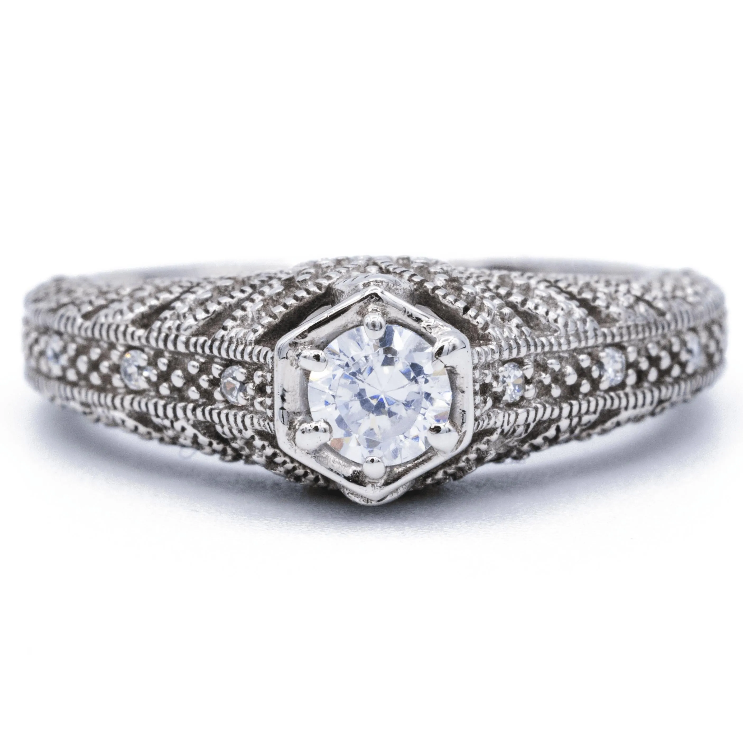4mm Round Center 14K White Solid Gold Milgrain Design Ring