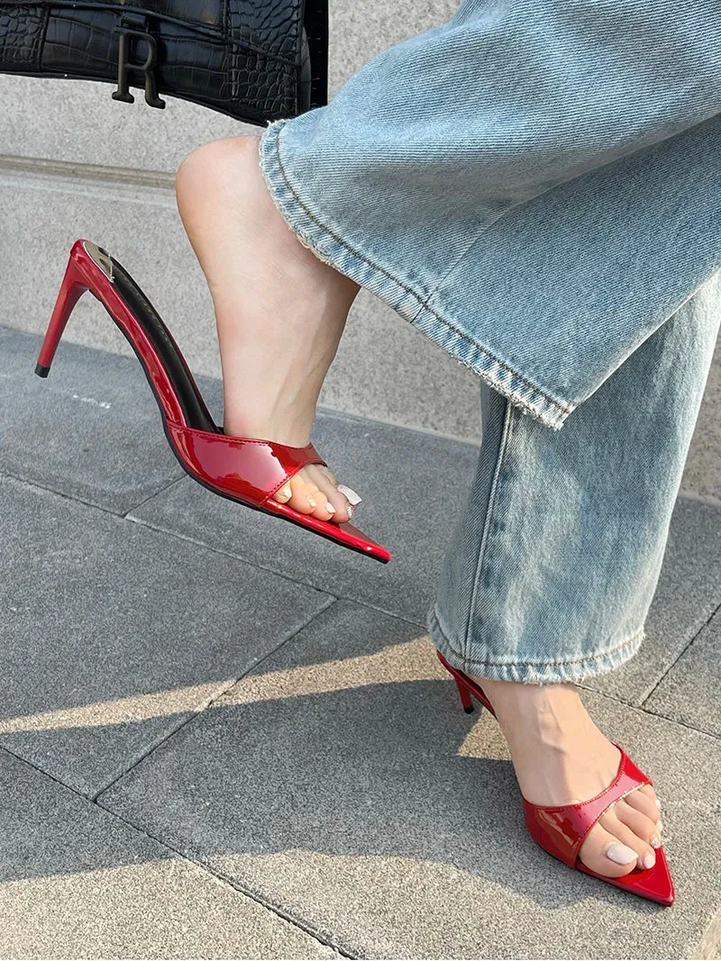 ADVBRIDGE  -  Red Heels Slippers 7cm Stiletto Heels Ladies Sandals White Patent Leather Summer Shoes Woman 2025 Pointed Toe Sandalias De Mujer