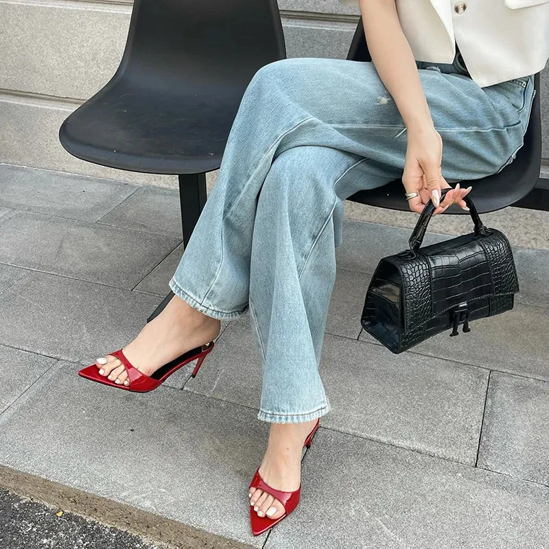 ADVBRIDGE  -  Red Heels Slippers 7cm Stiletto Heels Ladies Sandals White Patent Leather Summer Shoes Woman 2025 Pointed Toe Sandalias De Mujer