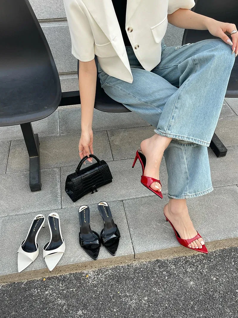 ADVBRIDGE  -  Red Heels Slippers 7cm Stiletto Heels Ladies Sandals White Patent Leather Summer Shoes Woman 2025 Pointed Toe Sandalias De Mujer