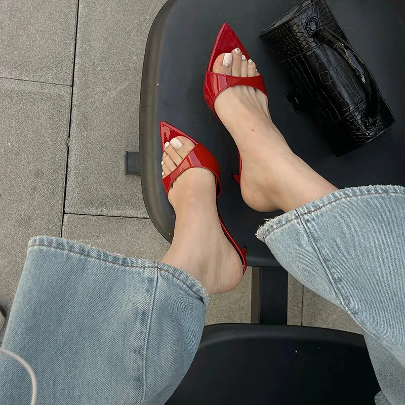 ADVBRIDGE  -  Red Heels Slippers 7cm Stiletto Heels Ladies Sandals White Patent Leather Summer Shoes Woman 2025 Pointed Toe Sandalias De Mujer