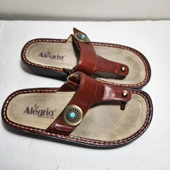 Alegria Cognac Leather Thong Sandal CAR-612 Turquoise Accent Size 37 Hook &amp; Loop