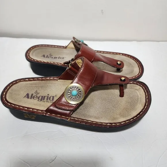 Alegria Cognac Leather Thong Sandal CAR-612 Turquoise Accent Size 37 Hook &amp; Loop