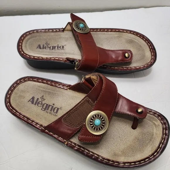 Alegria Cognac Leather Thong Sandal CAR-612 Turquoise Accent Size 37 Hook &amp; Loop