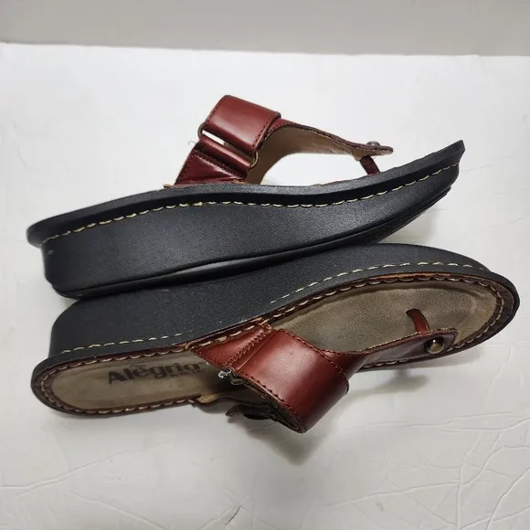 Alegria Cognac Leather Thong Sandal CAR-612 Turquoise Accent Size 37 Hook &amp; Loop