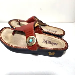 Alegria Cognac Leather Thong Sandal CAR-612 Turquoise Accent Size 37 Hook &amp; Loop