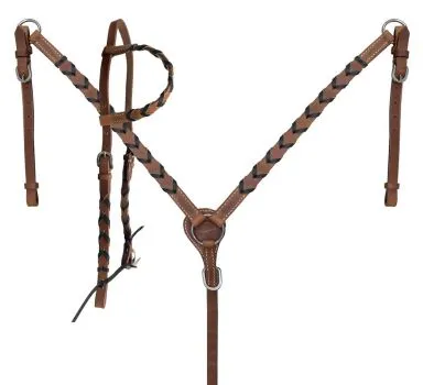 Argentina cow harness leather one ear headstall and breast collar set with colored lacing