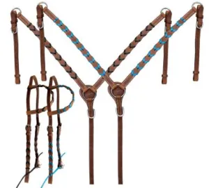 Argentina cow harness leather one ear headstall and breast collar set with colored lacing