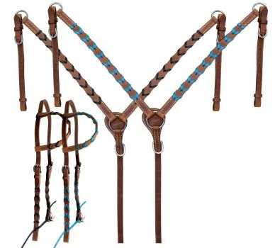 Argentina cow harness leather one ear headstall and breast collar set with colored lacing