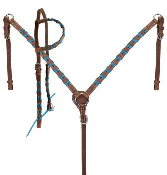 Argentina cow harness leather one ear headstall and breast collar set with colored lacing