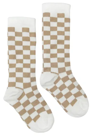 Beige Checkerboard Knee High Socks