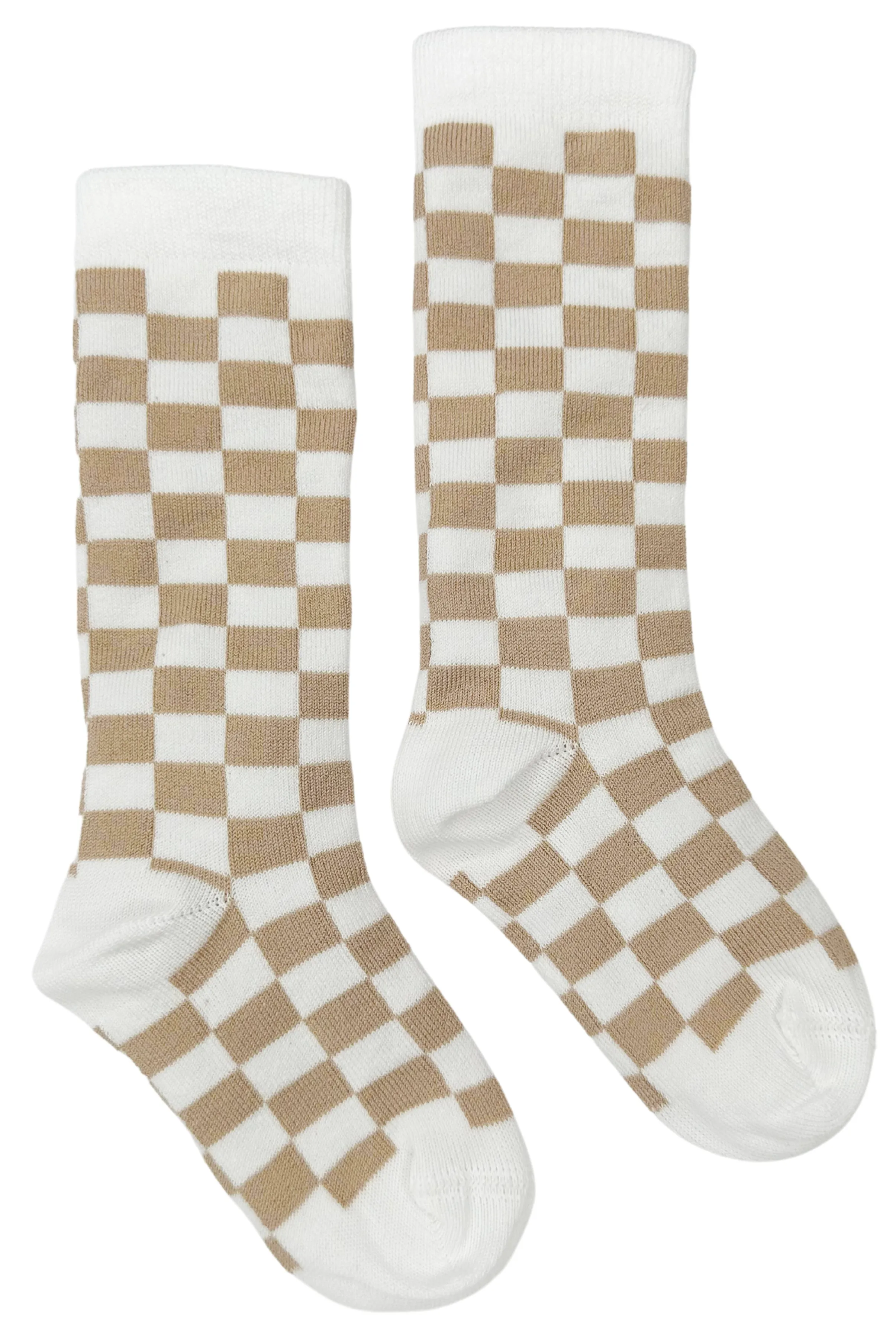 Beige Checkerboard Knee High Socks