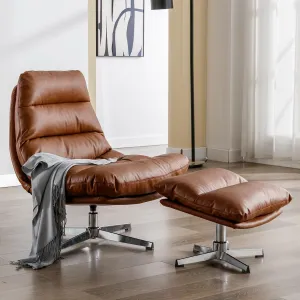 BESTANO Faux Leather Swivel Recliner Chair with Ottoman & 360 Degree Metal Base Brown