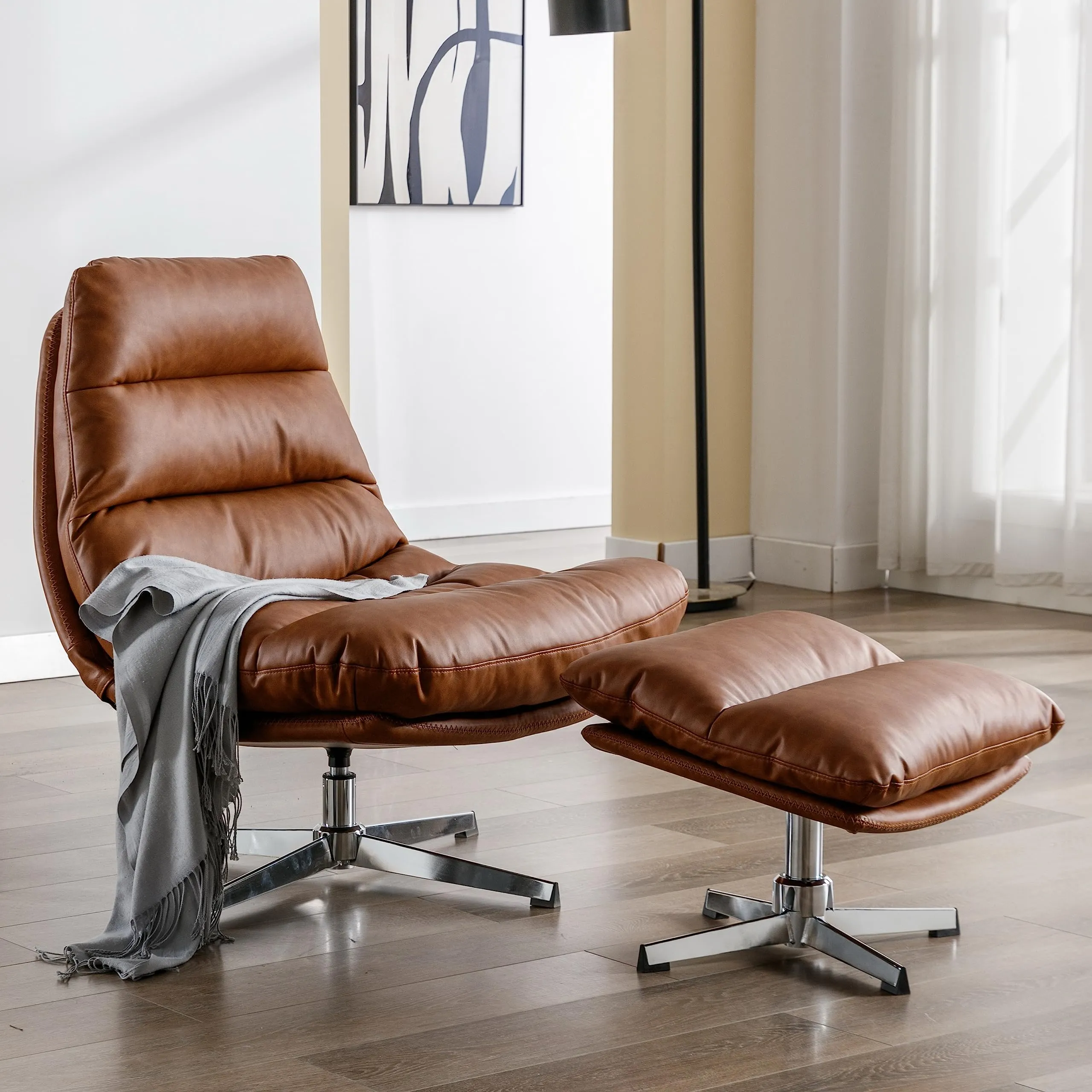 BESTANO Faux Leather Swivel Recliner Chair with Ottoman & 360 Degree Metal Base Brown