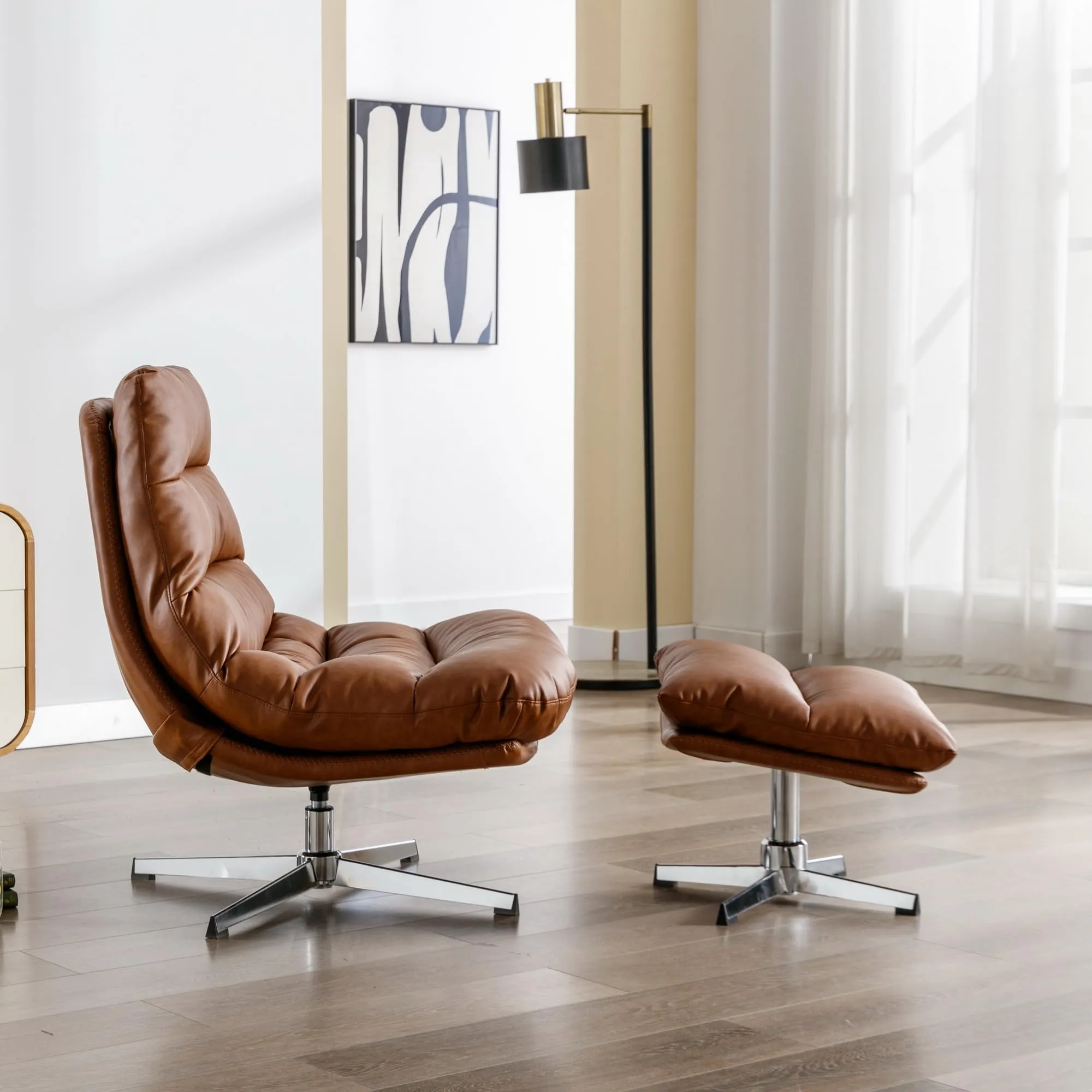 BESTANO Faux Leather Swivel Recliner Chair with Ottoman & 360 Degree Metal Base Brown
