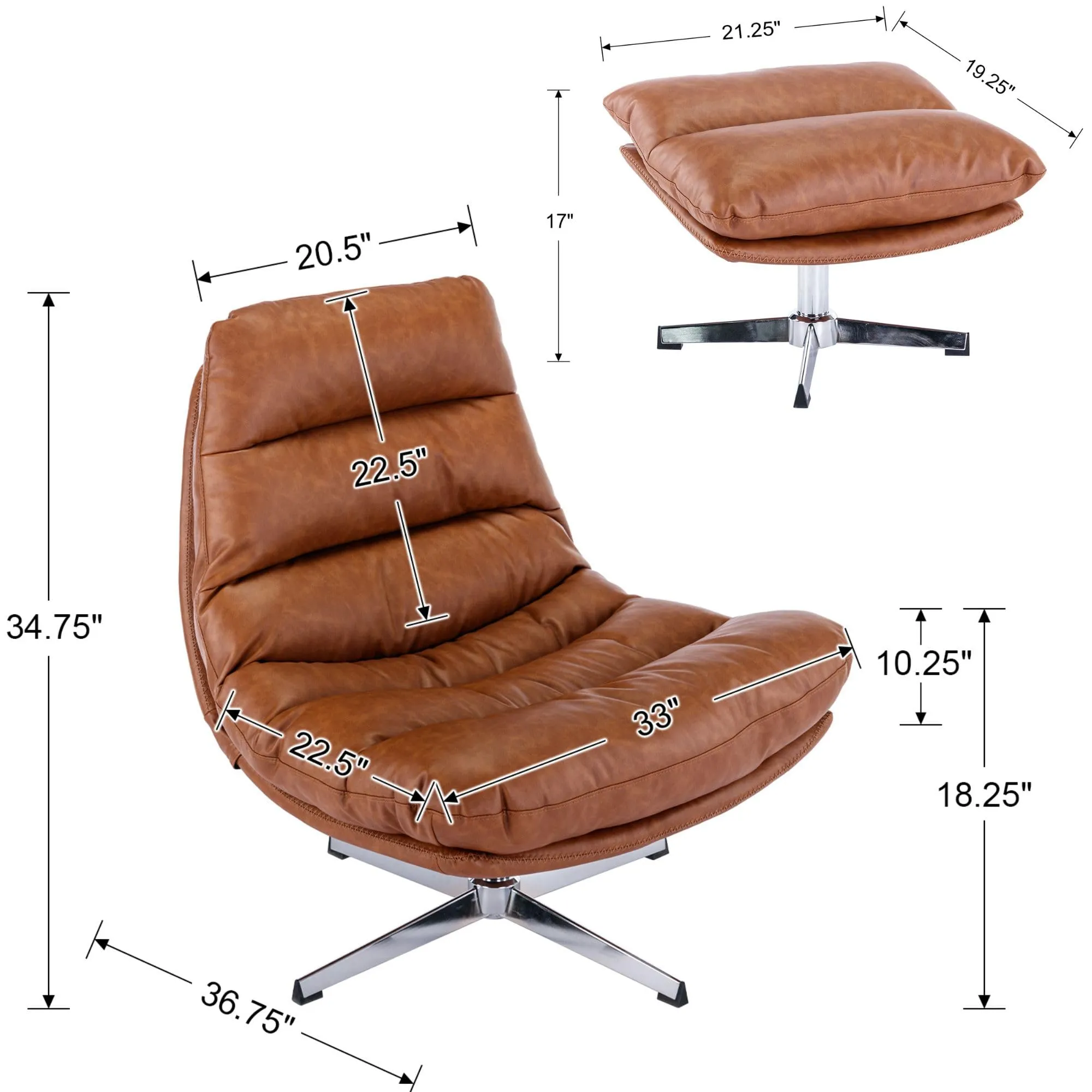 BESTANO Faux Leather Swivel Recliner Chair with Ottoman & 360 Degree Metal Base Brown