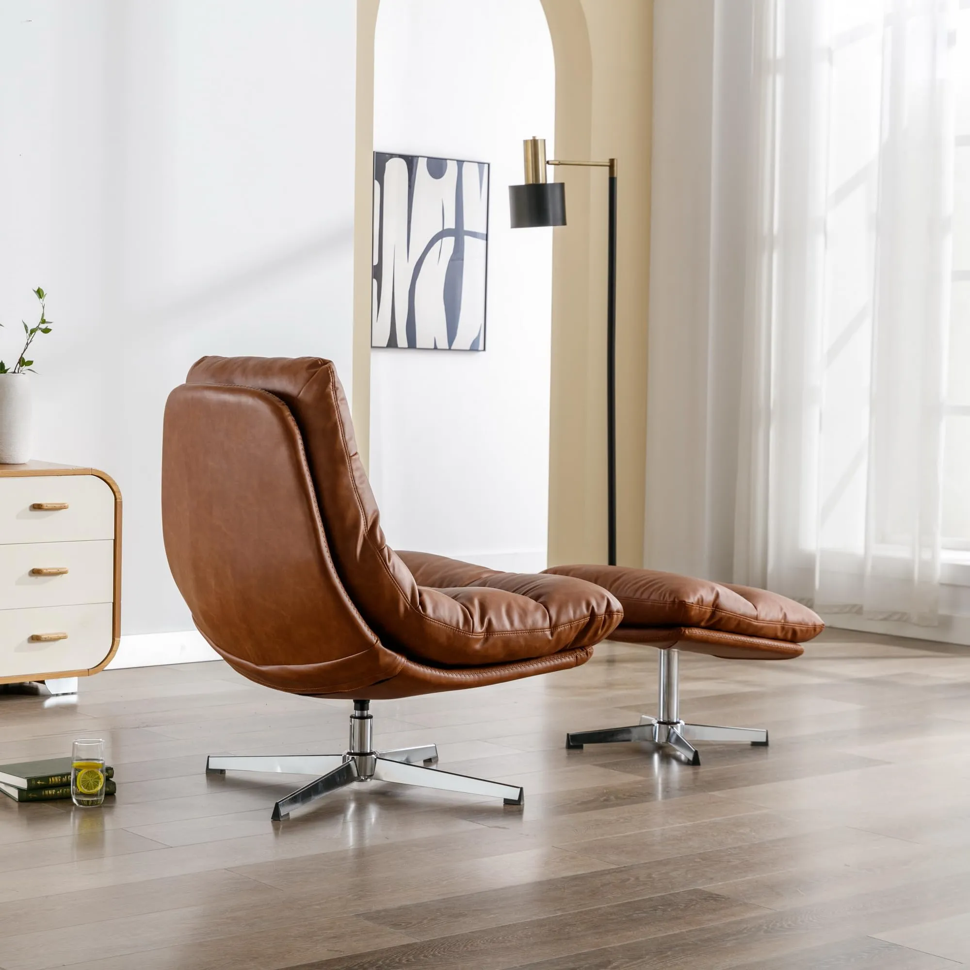 BESTANO Faux Leather Swivel Recliner Chair with Ottoman & 360 Degree Metal Base Brown