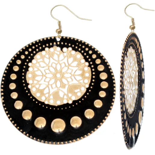 Black Centered Floral Filigree Dangle Earrings