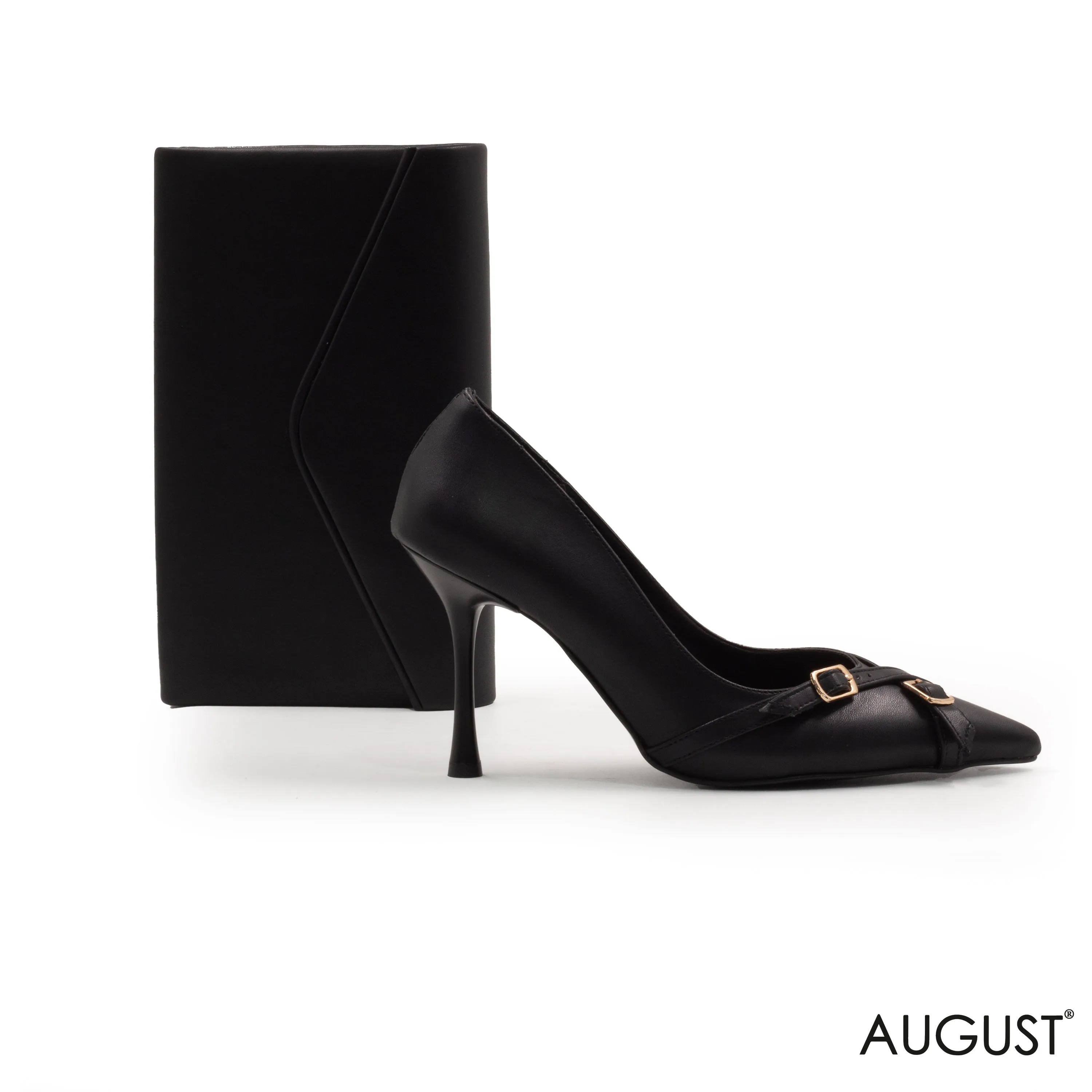 BLACK HIGH-HEEL SHOES WITH BUCKLE,
 MINI SUEDE MATERIAL WALLET WITH FLAP
