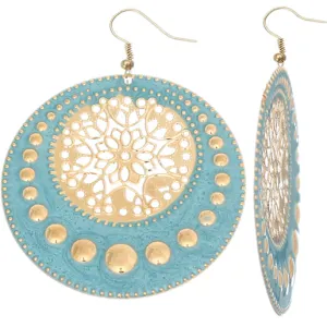 Blue Centered Floral Filigree Dangle Earrings