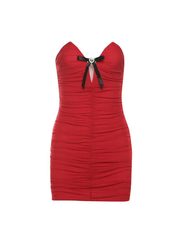 Bow Accent Ruched Strapless Mini Dress