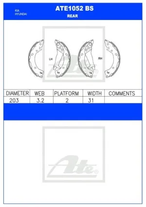 Brake Shoes Hyundai Accent 3,4 Elantra, Kia Rio 2,3 Ate1052Bs Ate