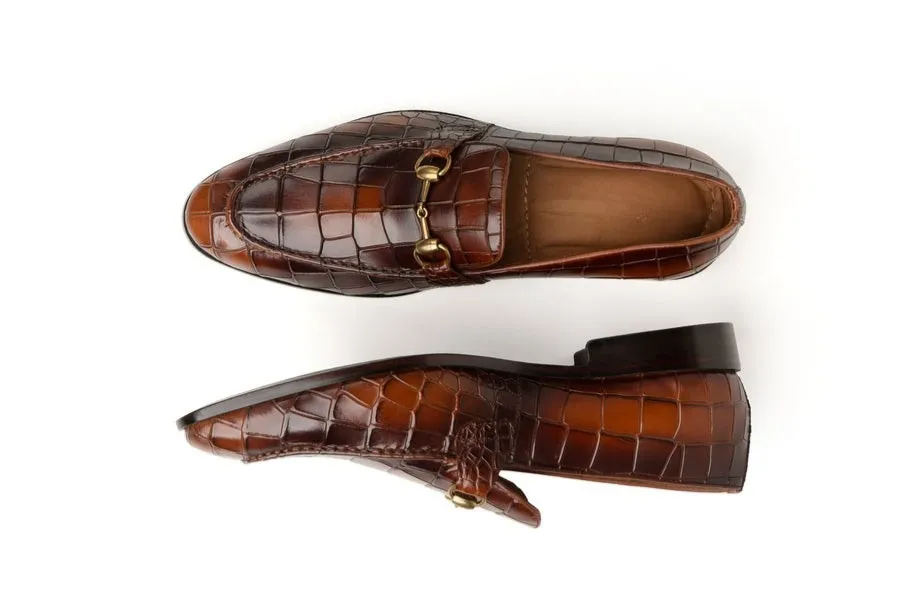 Brown Crocodile Embossed Gold Metal Bit