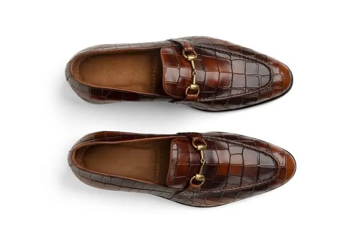 Brown Crocodile Embossed Gold Metal Bit