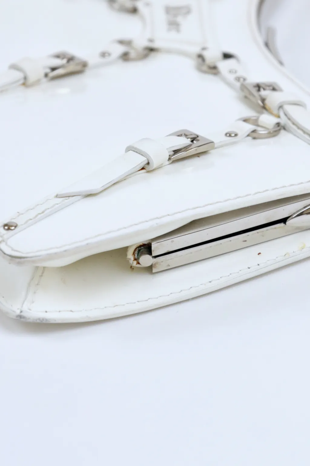 Christian Dior Vintage Y2K White Patent Leather Bondage Leather Clutch