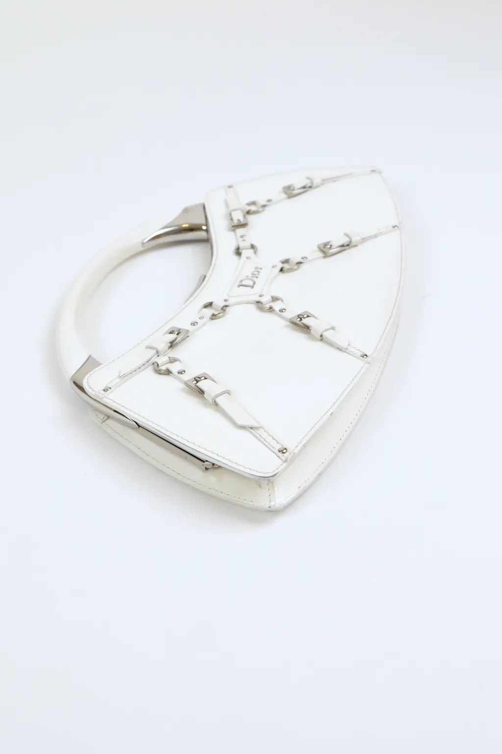 Christian Dior Vintage Y2K White Patent Leather Bondage Leather Clutch