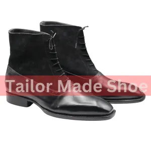 Classic Lace-Up Leather and Suede Boots for Formal and Casual Wear Versatile Black Leather and Suede Ankle Boots for Men – Timeless Design