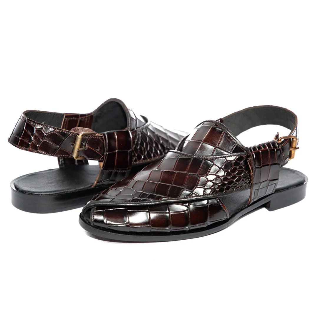Crocodile Burgundy Two Tone Peshawari - Leather Sole