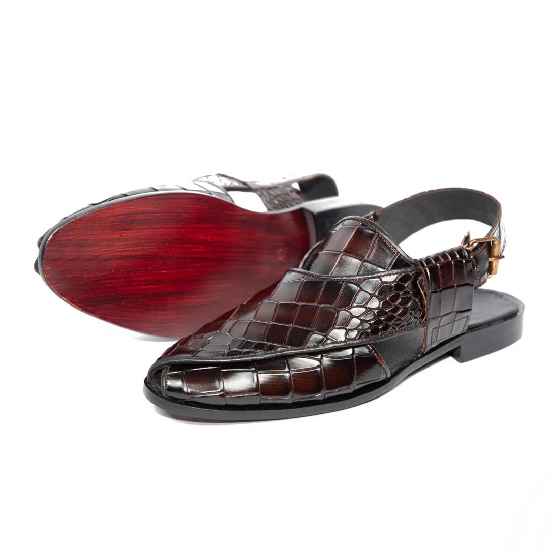 Crocodile Burgundy Two Tone Peshawari - Leather Sole