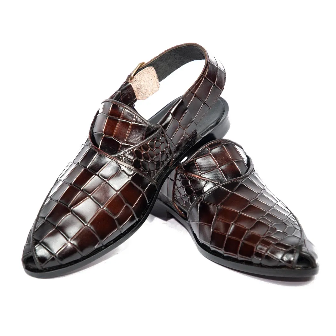 Crocodile Burgundy Two Tone Peshawari - Leather Sole