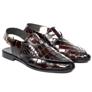 Crocodile Burgundy Two Tone Peshawari - Leather Sole