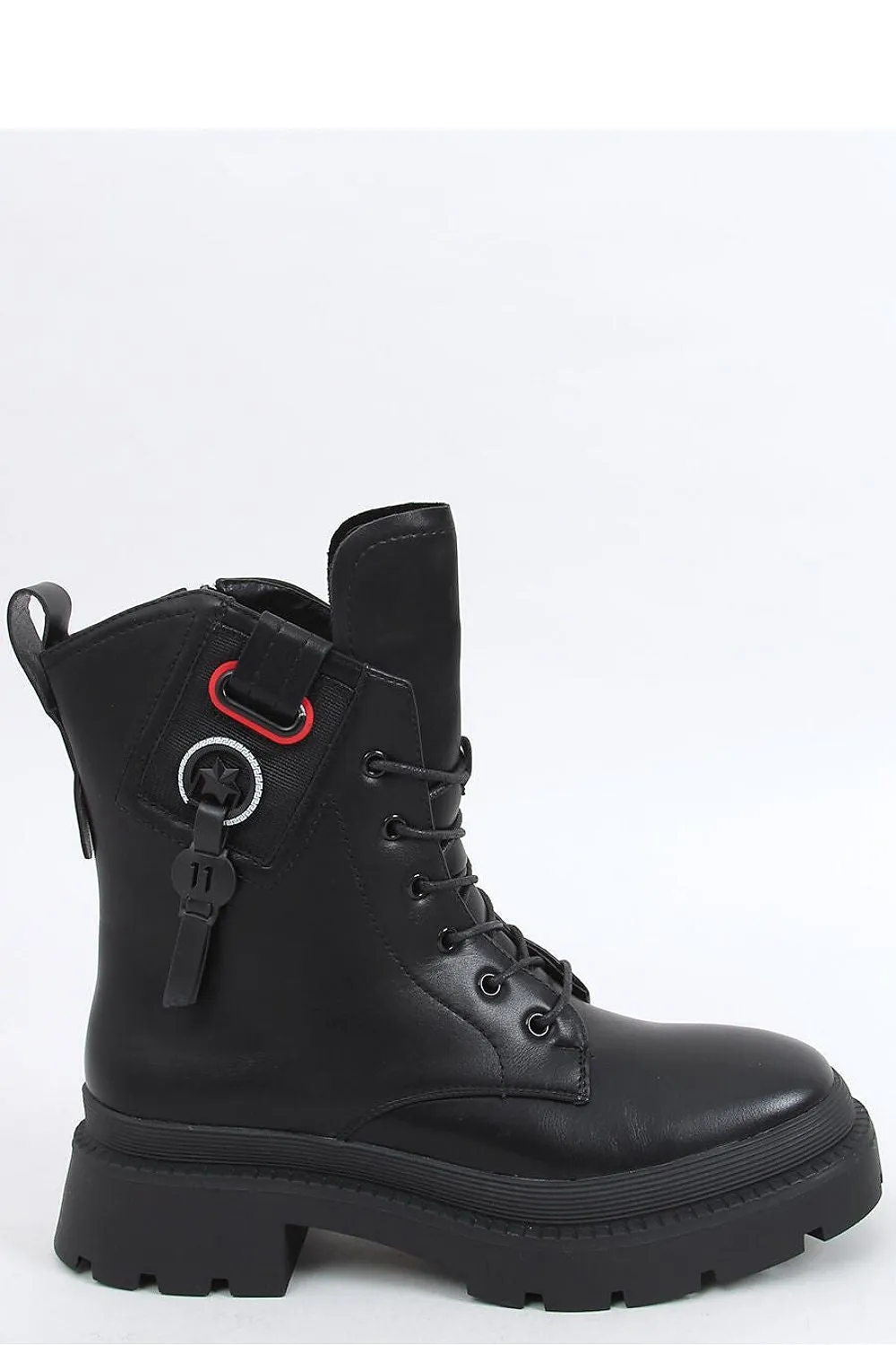 Crystal-Embelleshed Black Leather Combat Ankle Boots with Platform Lug Sole