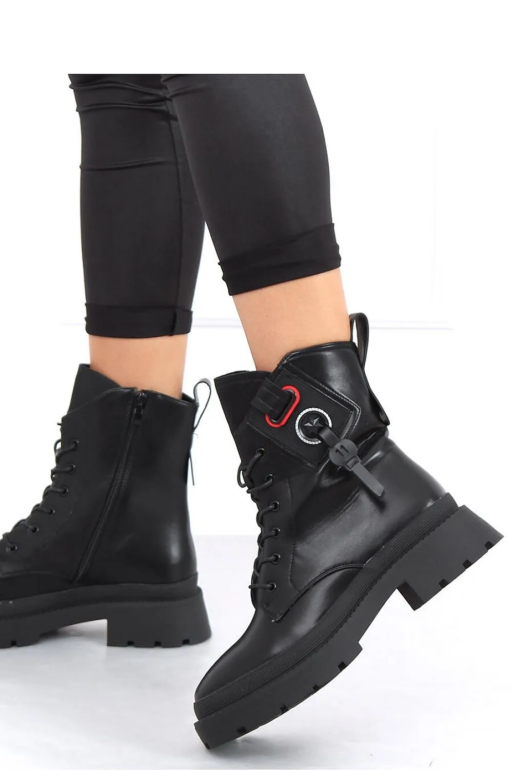 Crystal-Embelleshed Black Leather Combat Ankle Boots with Platform Lug Sole