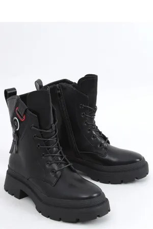 Crystal-Embelleshed Black Leather Combat Ankle Boots with Platform Lug Sole